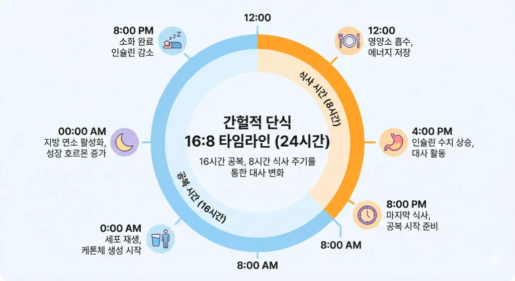 간헐적 단식 168 방식 시간표 인포그래픽 - 공복 16시간과 식사 8시간 구분