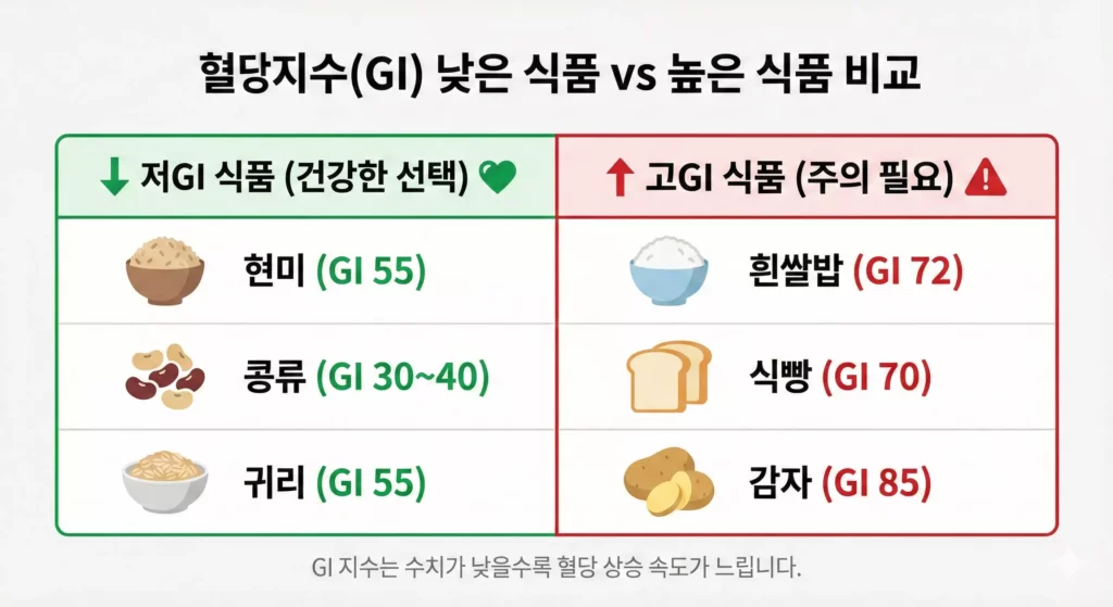 당뇨 식단 GI 지수 비교 인포그래픽 - 저GI vs 고GI 식품 차트