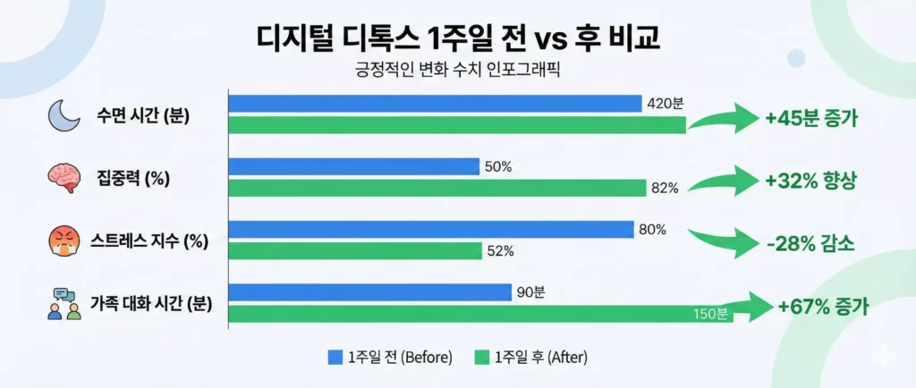디지털 디톡스 효과 비교 차트 - 수면, 집중력, 대인관계 개선 효과
