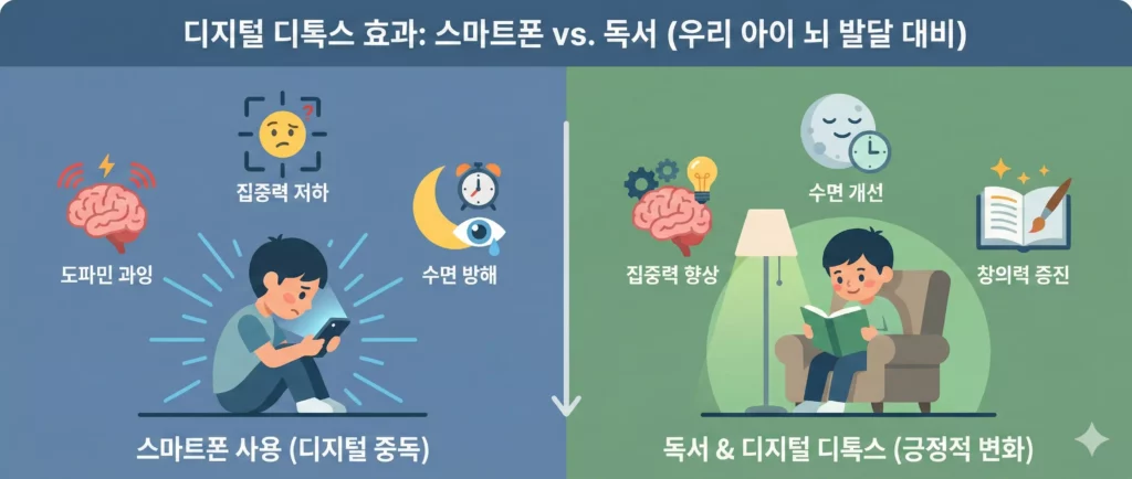 디지털 디톡스 효과 인포그래픽 - 스마트폰 사용 시간과 뇌 발달 영향