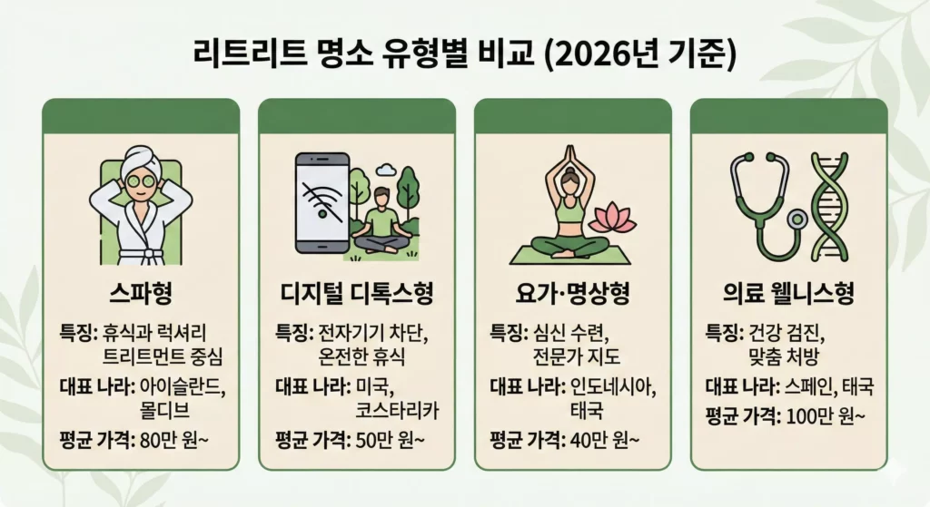 리트리트 명소 유형별 비교 인포그래픽 - 스파형·디지털디톡스형·요가형·의료형