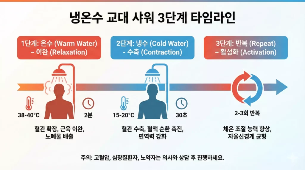 크나이프 냉온수 교대 샤워 단계별 가이드 - 온도와 시간 표시