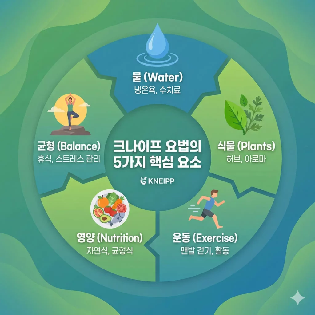 크나이프 요법 5가지 핵심 요소 - 물, 식물, 운동, 영양, 균형 인포그래픽