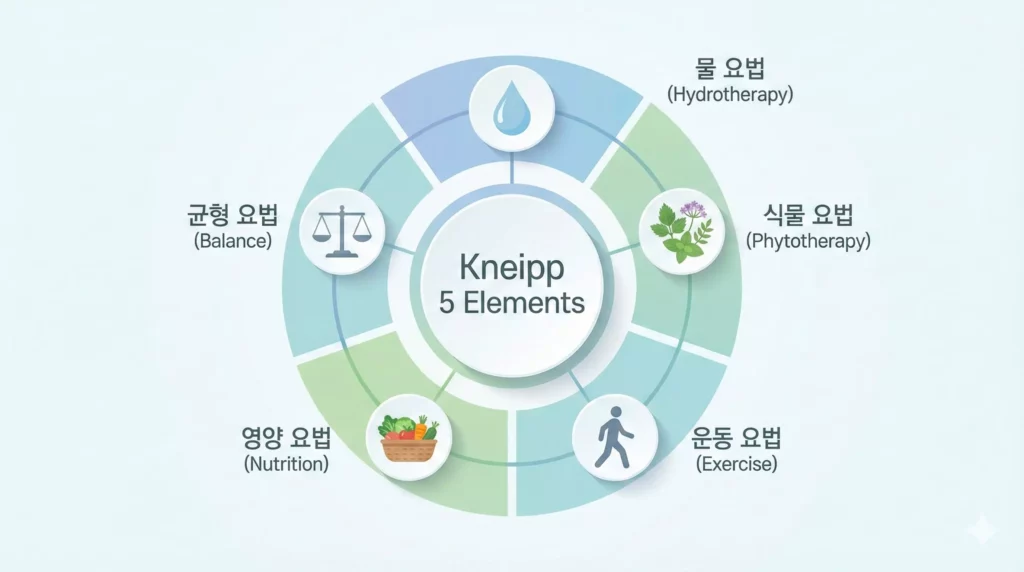 크나이프 요법 5대 요소 인포그래픽 - 물, 식물, 운동, 영양, 균형 요법 도식화