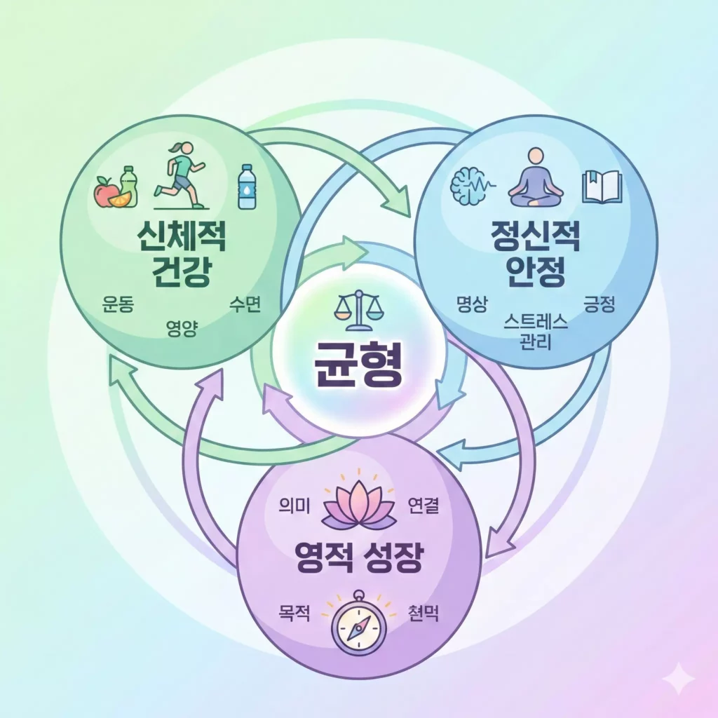 홀리스틱 라이프의 3가지 핵심 영역 - 신체·정신·영혼의 균형 다이어그램