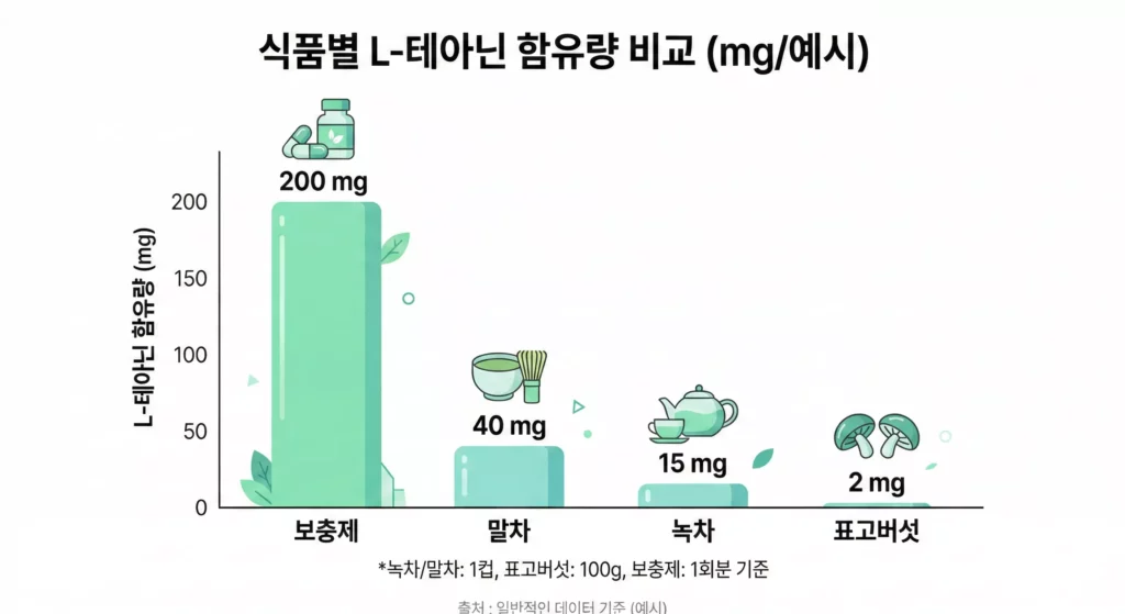 L-테아닌 함량 식품 비교 차트 – 녹차, 말차, 버섯