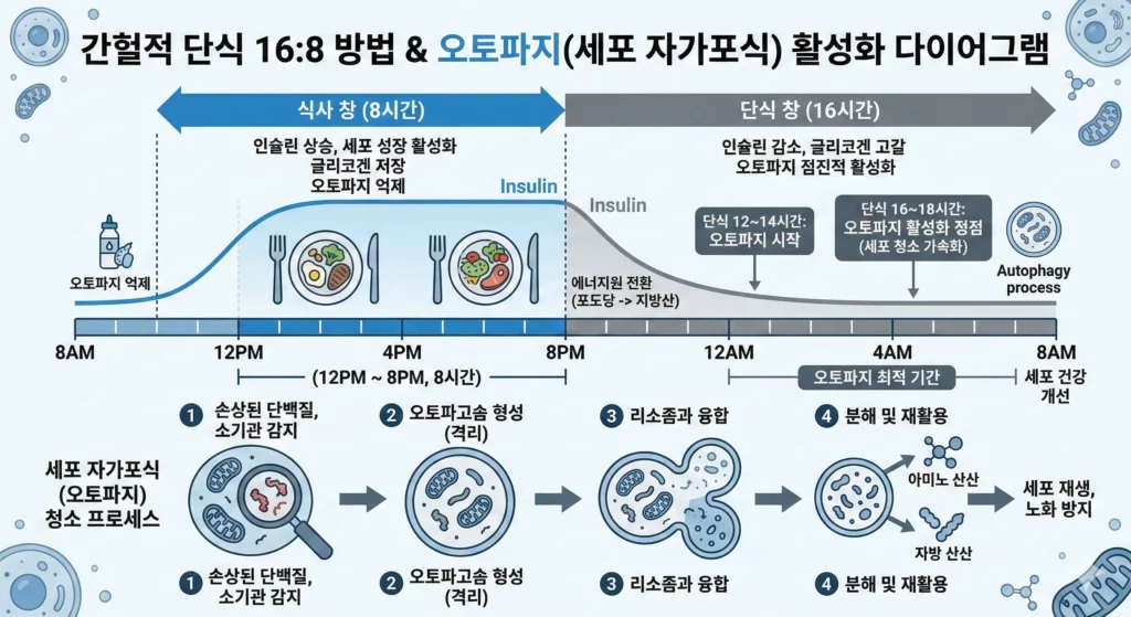 간헐적 단식 오토파지 메커니즘 도식 — 세포 자가포식과 노화 방지