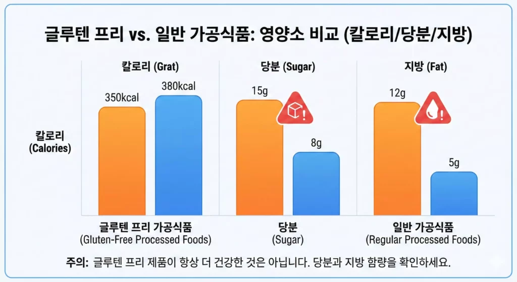 글루텐 프리 식품 vs 일반 가공식품 칼로리·영양소 비교 인포그래픽