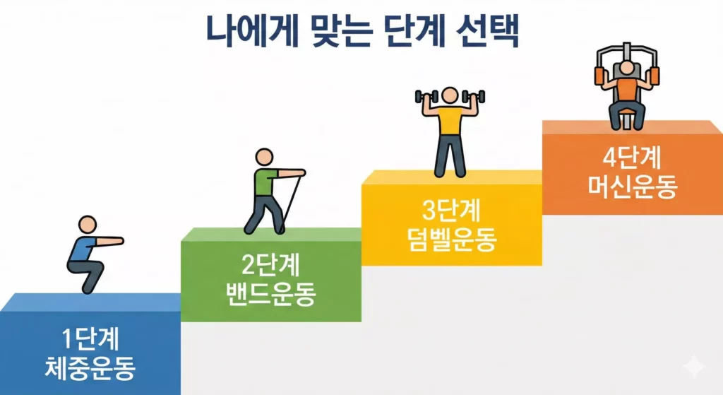 노인 근력운동 단계별 종류 비교 - 체중운동부터 머신까지