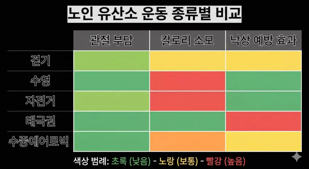 노인 유산소 운동 종류별 관절 부담·칼로리 소모 비교 차트