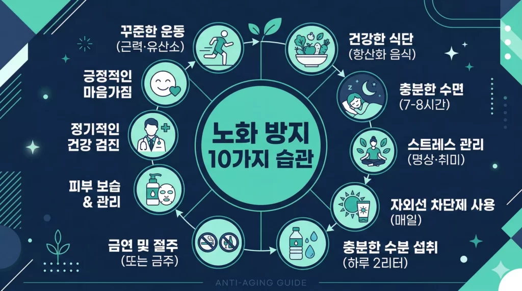 노화 방지 습관 인포그래픽 — 텔로미어·세놀리틱·수면 재생 메커니즘