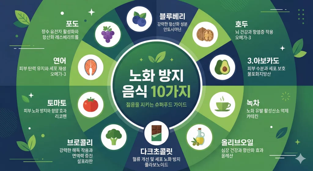 노화 방지 음식 10가지 인포그래픽 - 항산화 식품과 노화 억제 메커니즘