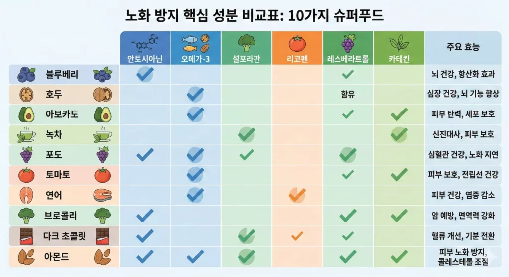 노화 방지 음식 10가지 핵심 성분 비교표 - 항산화제·오메가-3·비타민 성분별 정리