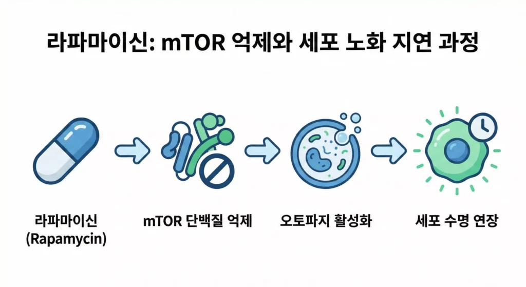 라파마이신 mTOR 억제 경로 인포그래픽 - 세포 노화 지연 메커니즘