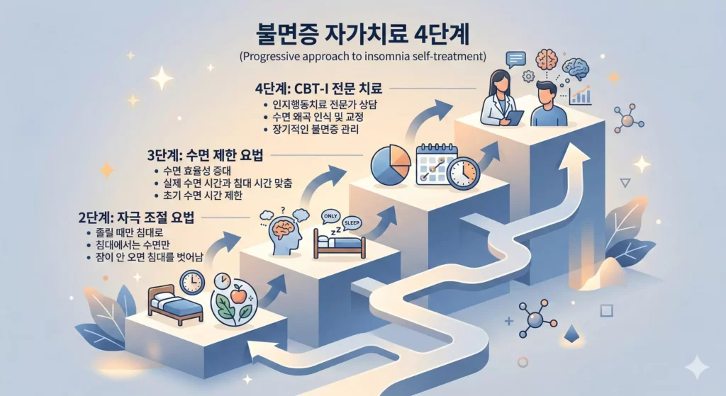 불면증 자가치료 단계 흐름도 — 수면 위생부터 CBT-I까지