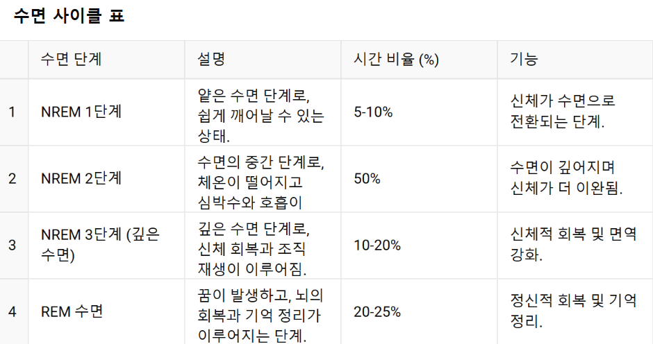 수면 사이클 표 - NREM과 REM 단계별 비율과 특징 비교