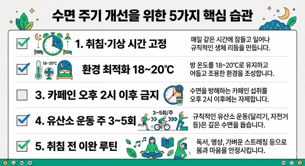 수면 주기 개선 방법 요약 인포그래픽 - 취침 환경·생활습관·운동 체크리스트