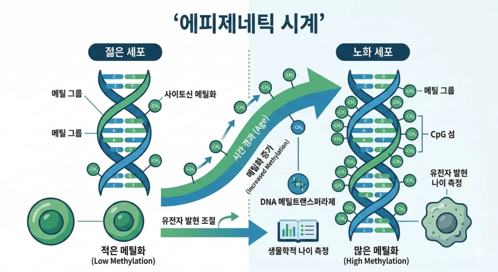 에피제네틱 시계 DNA 메틸화 생물학적 나이 측정 과정 인포그래픽