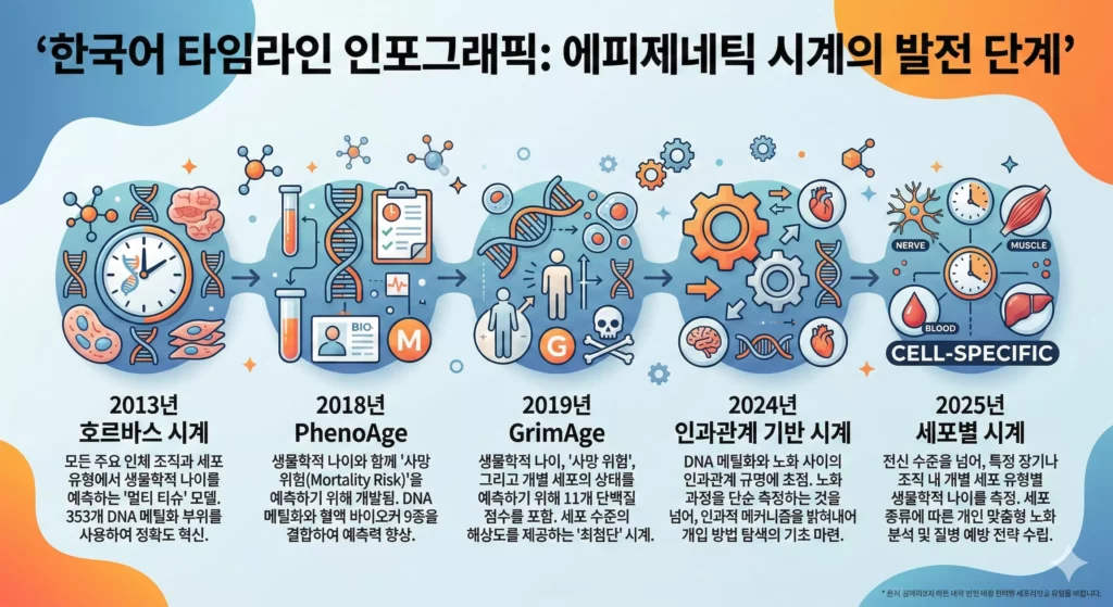 에피제네틱 시계 세대별 비교 차트 - 호르바스 시계부터 AI 기반 인과 시계까지