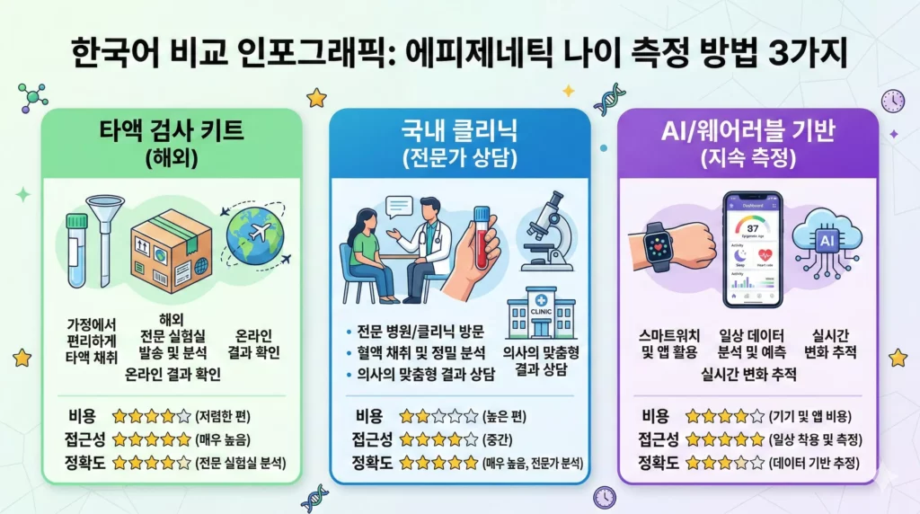 에피제네틱 시계 측정 서비스 비교 표 - 해외 키트 vs 국내 클리닉 vs AI 기반