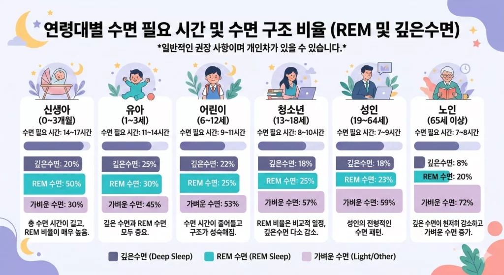 연령대별 수면 주기 변화 비교표 - 신생아부터 노년기까지 REM·깊은수면 비율