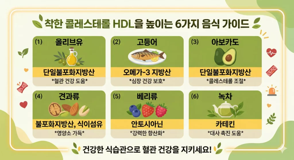 HDL 콜레스테롤 높이는 식품 10가지 비교 인포그래픽