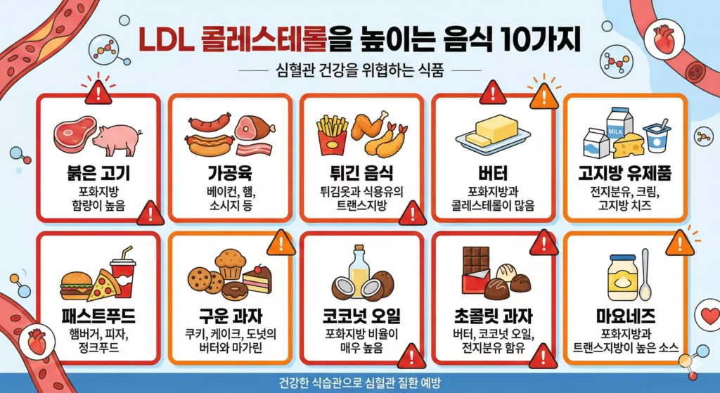 LDL 콜레스테롤 높이는 음식 종류 인포그래픽 - 포화지방·트랜스지방 식품