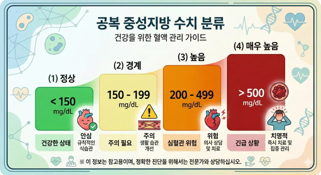 중성지방 수치 기준표와 고중성지방혈증 위험 단계 인포그래픽