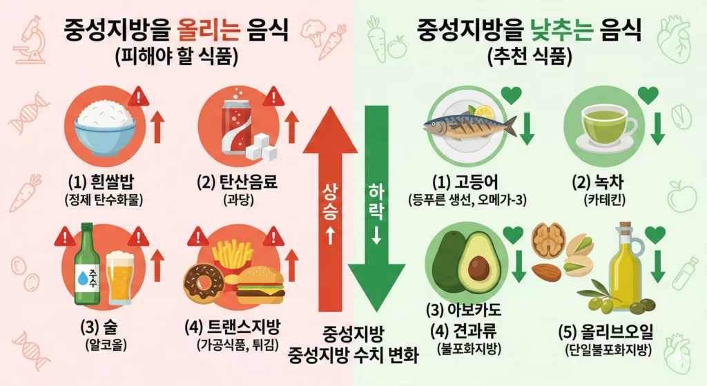중성지방 올리는 음식 vs 낮추는 음식 비교 인포그래픽