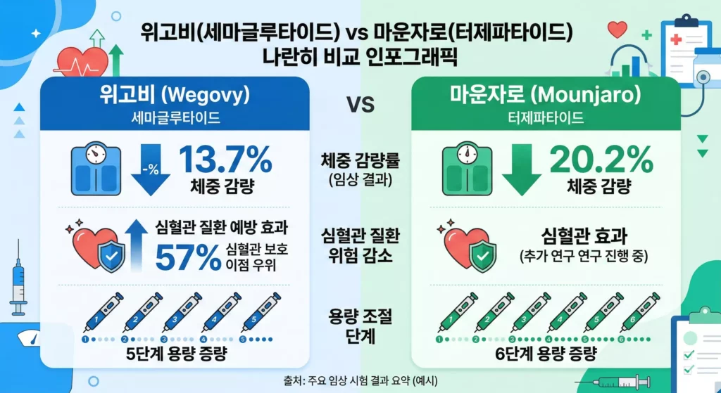 위고비 vs 마운자로 효과 비교 - 체중감량률·심혈관 보호 인포그래픽