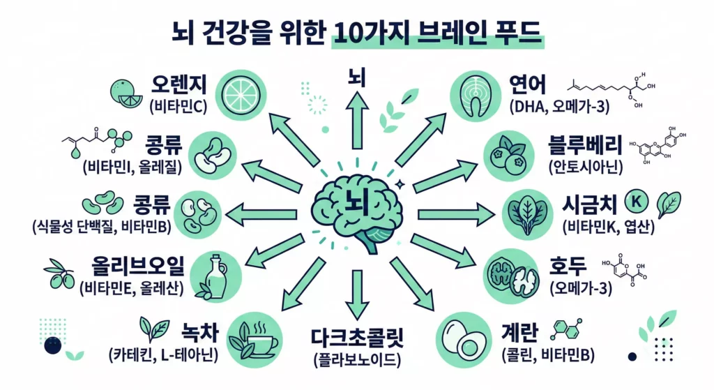뇌 건강에 좋은 음식 – MIND 식단 핵심 식품 인포그래픽