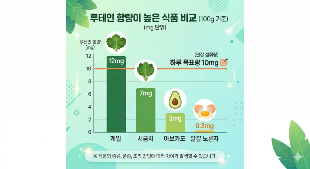 루테인 함량 높은 식품 비교 인포그래픽 - 케일 시금치 달걀 노른자