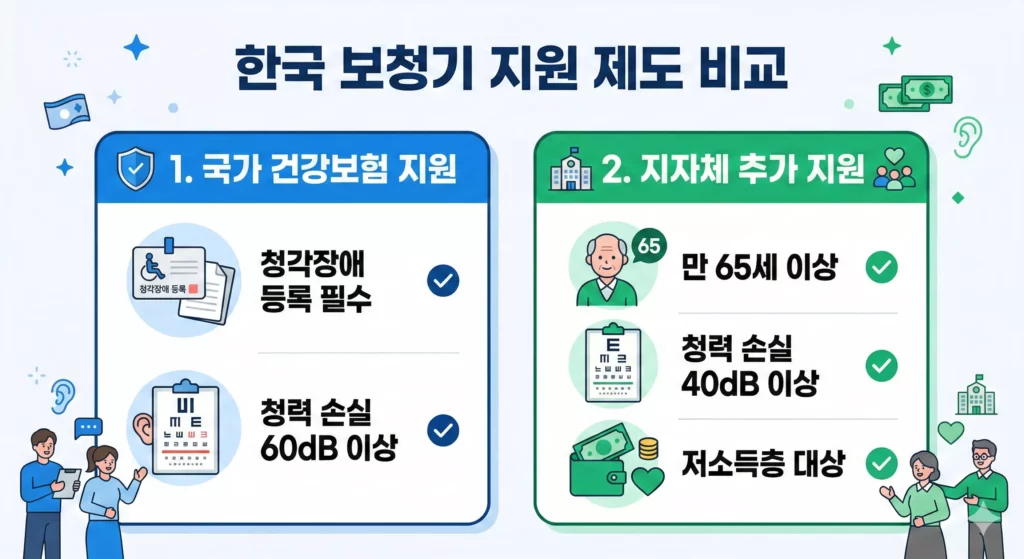 보청기 지원금 신청 자격 비교 인포그래픽 - 건강보험 vs 지자체 지원