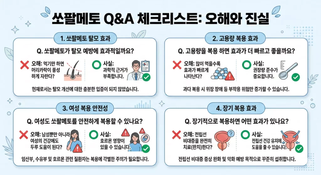 쏘팔메토 흔한 오해 vs 사실 비교 인포그래픽 – 탈모·고용량·여성 복용