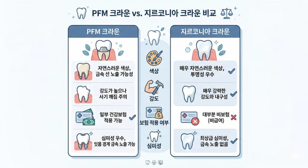 PFM 크라운 vs 지르코니아 크라운 비교 인포그래픽 — 임플란트 보철 재료 선택 가이드