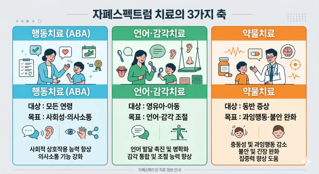 자폐스펙트럼 치료 접근 비교표 - ABA 행동치료, 언어치료, 약물치료 역할 구분