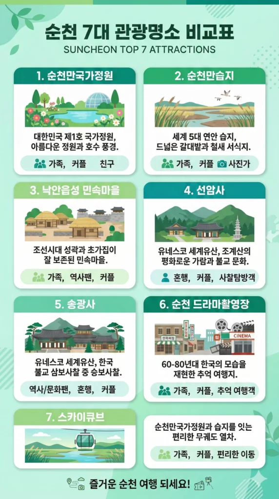 순천 가볼만한 곳 7대 명소 비교 - 입장료·운영시간·추천 대상 한눈에 보기