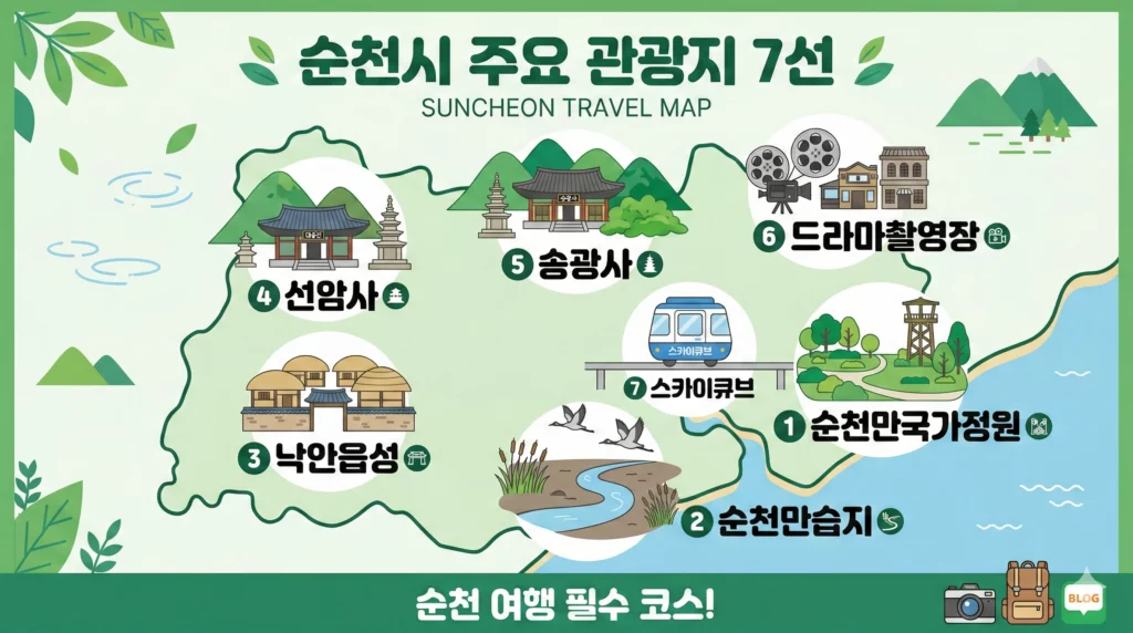 순천 가볼만한 곳 7대 명소 지도 인포그래픽 - 국가정원·습지·낙안읍성·선암사 위치