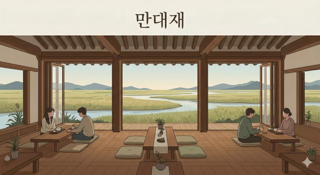 순천 만대재 카페 한옥 내부에서 바라본 순천만 전망