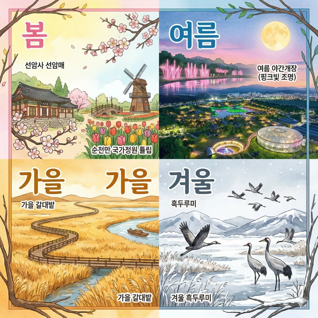 순천 여행 계절별 추천 포인트 인포그래픽 - 봄 선암매·여름 야간개장·가을 갈대·겨울 흑두루미