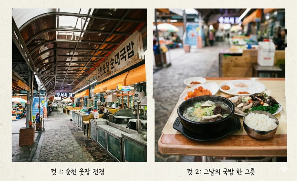 순천 웃장 국밥거리 전경 및 국밥 한 그릇 클로즈업