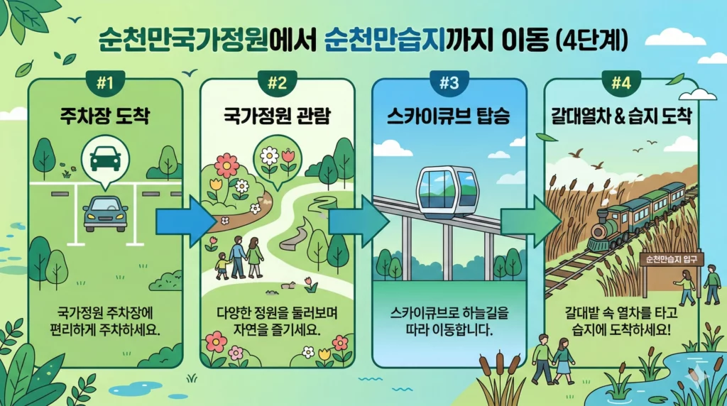 순천만습지 스카이큐브와 갈대열차 이동 동선 인포그래픽