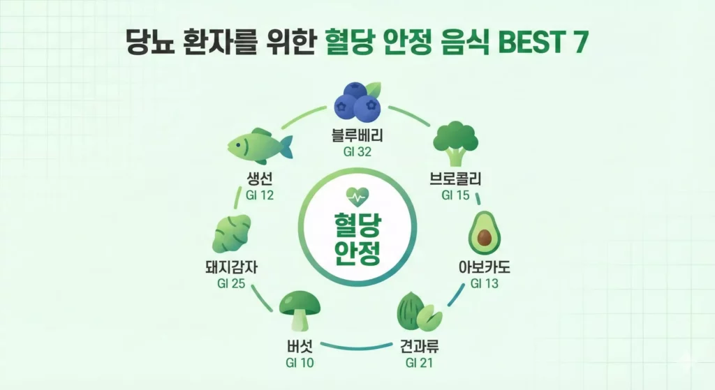 당뇨에 좋은 음식 7가지 인포그래픽 - 생선 블루베리 아보카도 견과류 버섯 채소 돼지감자