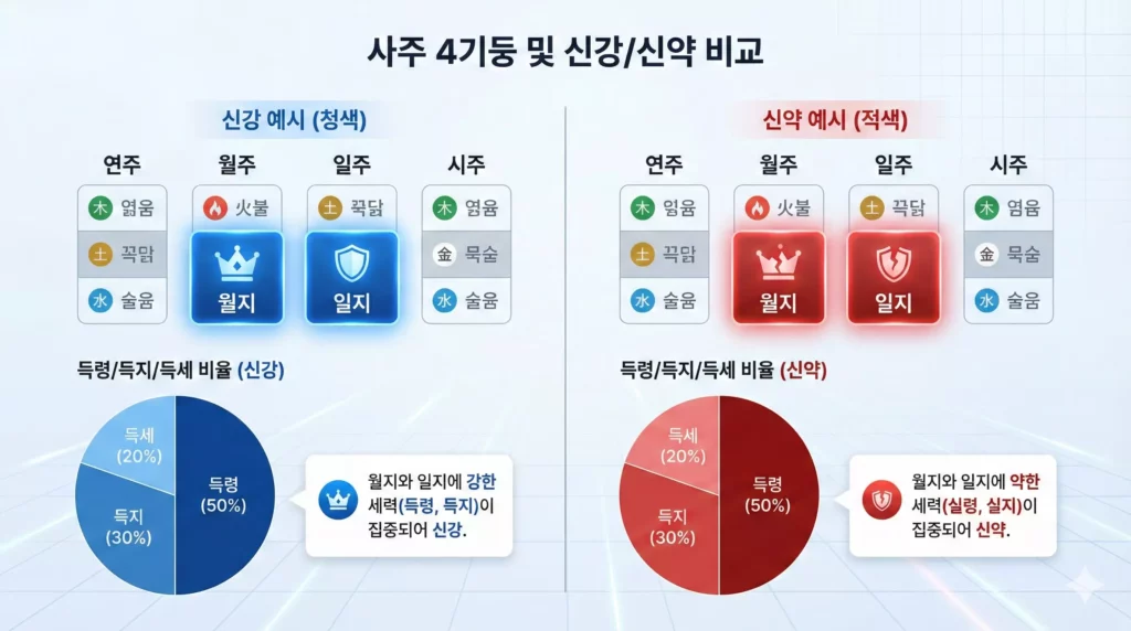 득령 득지 득세 신강약 판별 차트 - 월지 일지 가중치 비교