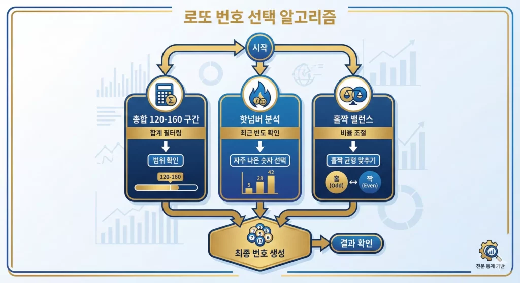 로또 번호 추천 알고리즘 인포그래픽 - 총합구간 핫넘버 홀짝밸런스