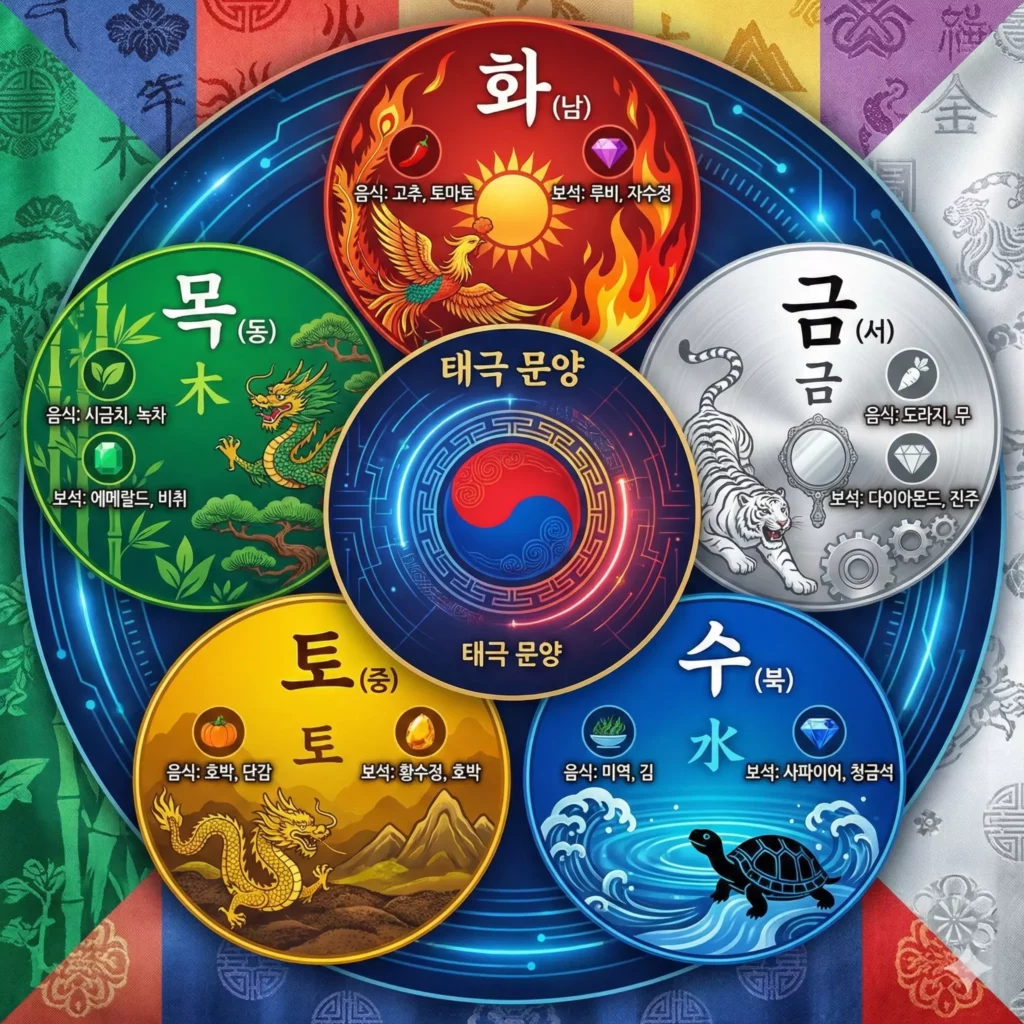 오행별 개운법 실천 가이드 - 색상 방향 음식 장신구 추천 인포그래픽