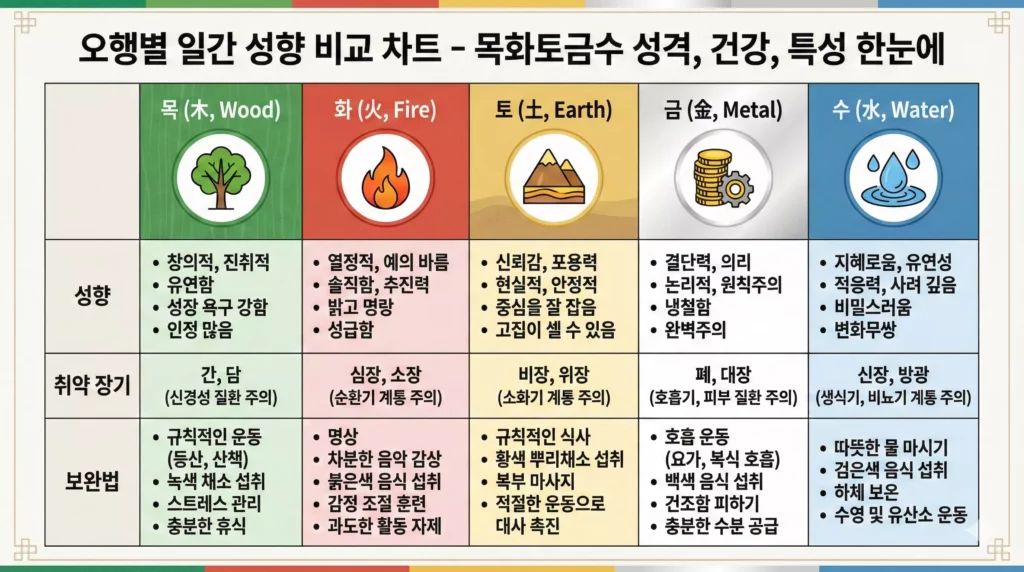 오행별 일간 성향 비교 차트 - 목화토금수 성격 건강 특성 한눈에