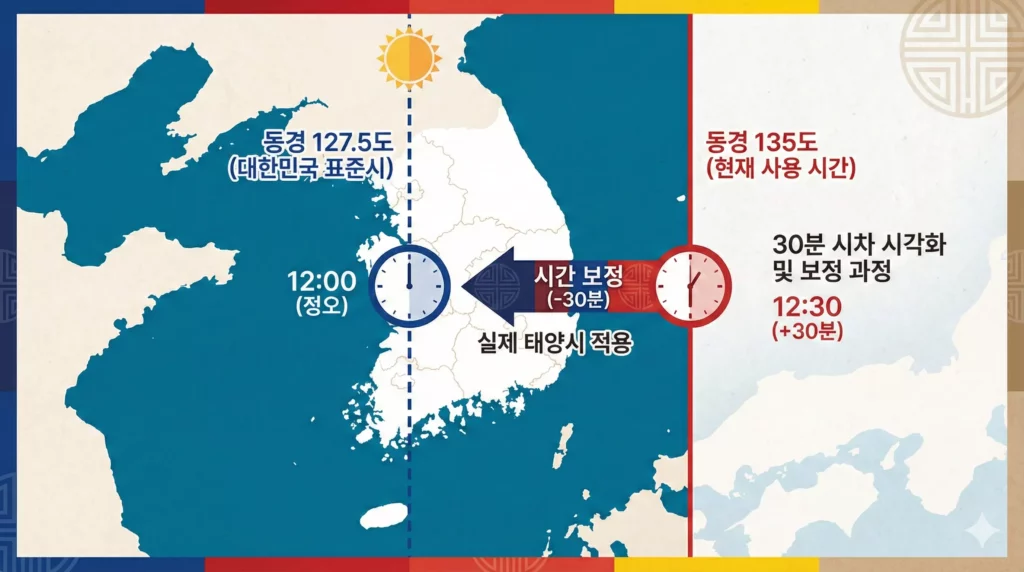 한국 표준시 30분 보정 원리 인포그래픽 - 동경 127.5도 vs 135도 시차