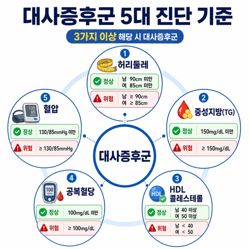 대사증후군 5대 진단 기준 인포그래픽 – 허리둘레·중성지방·HDL·혈당·혈압 정상값