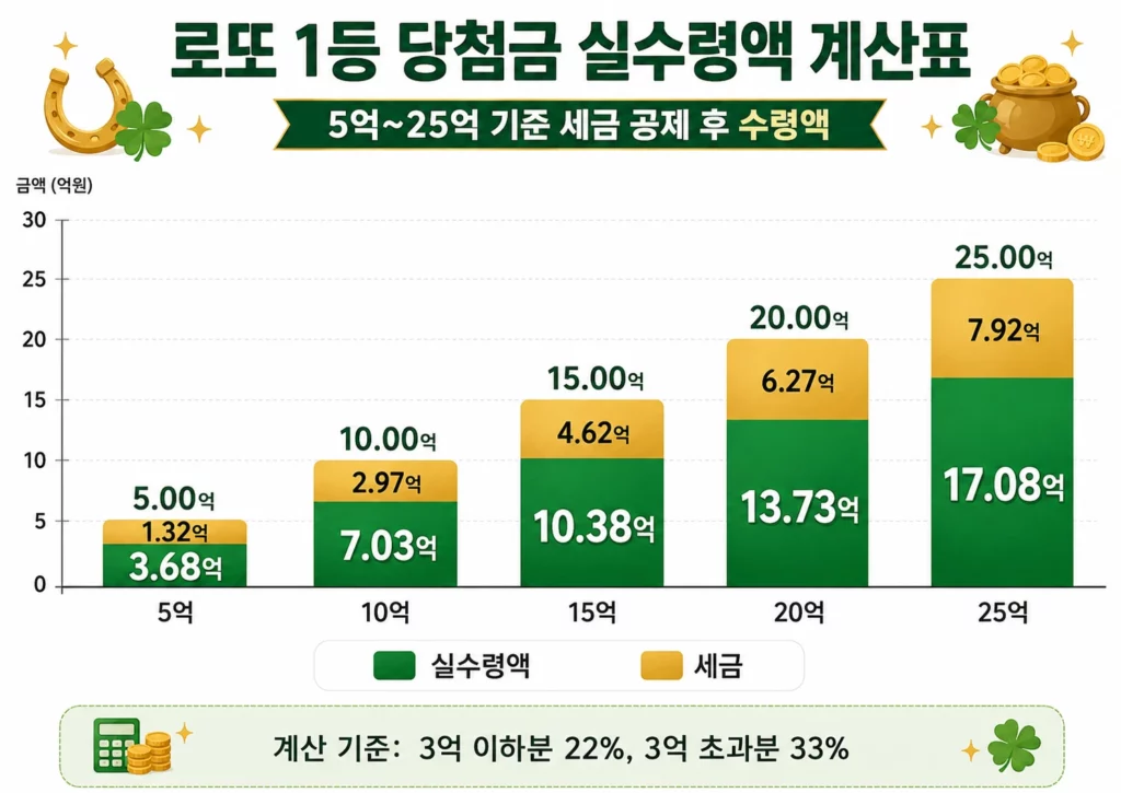 로또 1등 당첨금 실수령액 계산표 – 5억~25억 기준 세금 공제 후 수령액